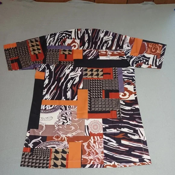 Mens Geometric Abstract Print 2 Piece Set Orange Black White Tunic and Shorts - Picture 3 of 13